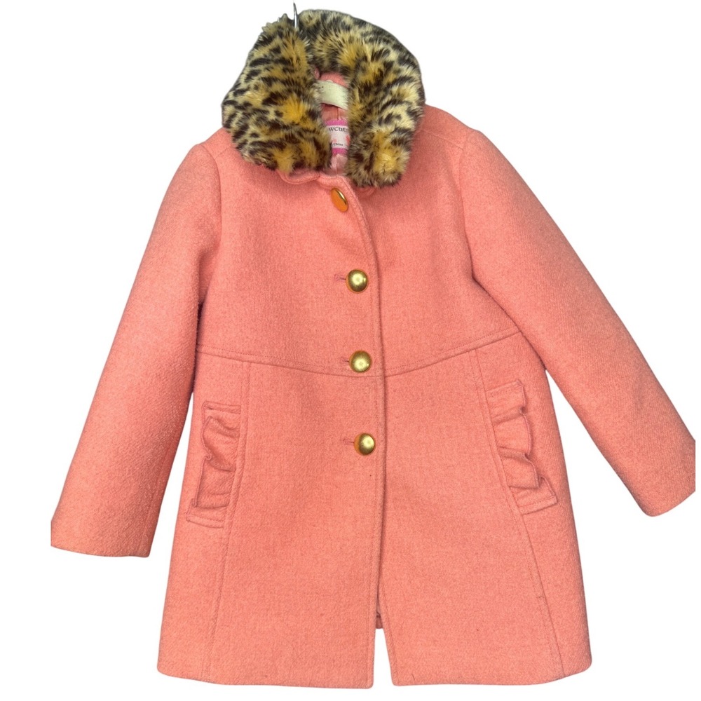 J. Crew Crewcuts Girls Pink Wool Blend Coat Leopard Faux Fur Collar Size 4-5